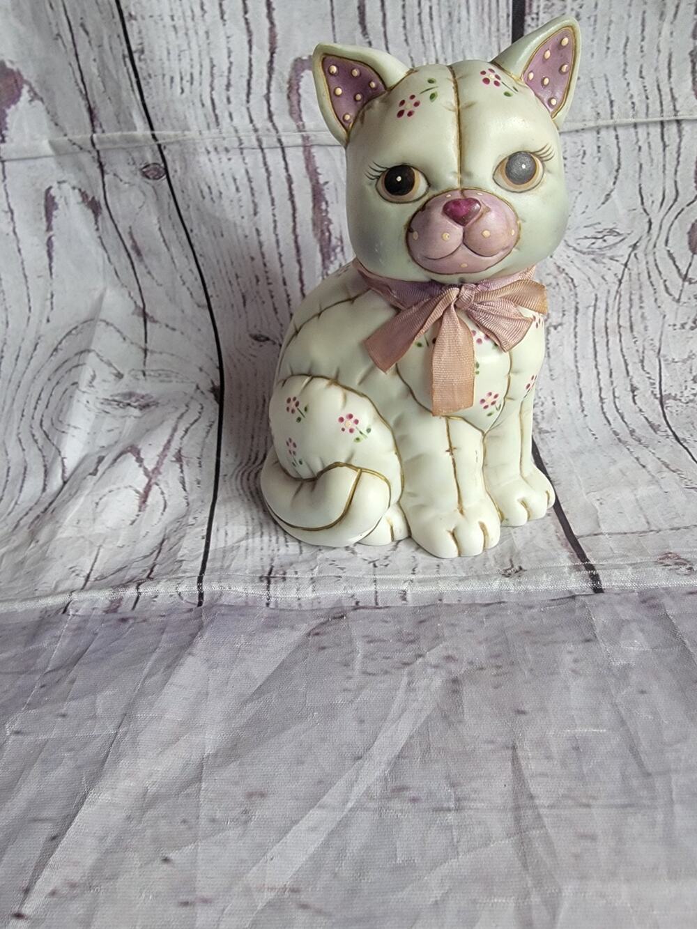 Geo Z Lefton Vintage 1987 Ceramic Quilted Patchwork Pink Cat Figurine